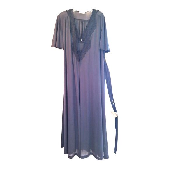 VINTAGE USA MISS ELAINE PEIGNOIR SET BLACK NIGHTGOWN and ROBE LONG LACE SMALL - Picture 2 of 16